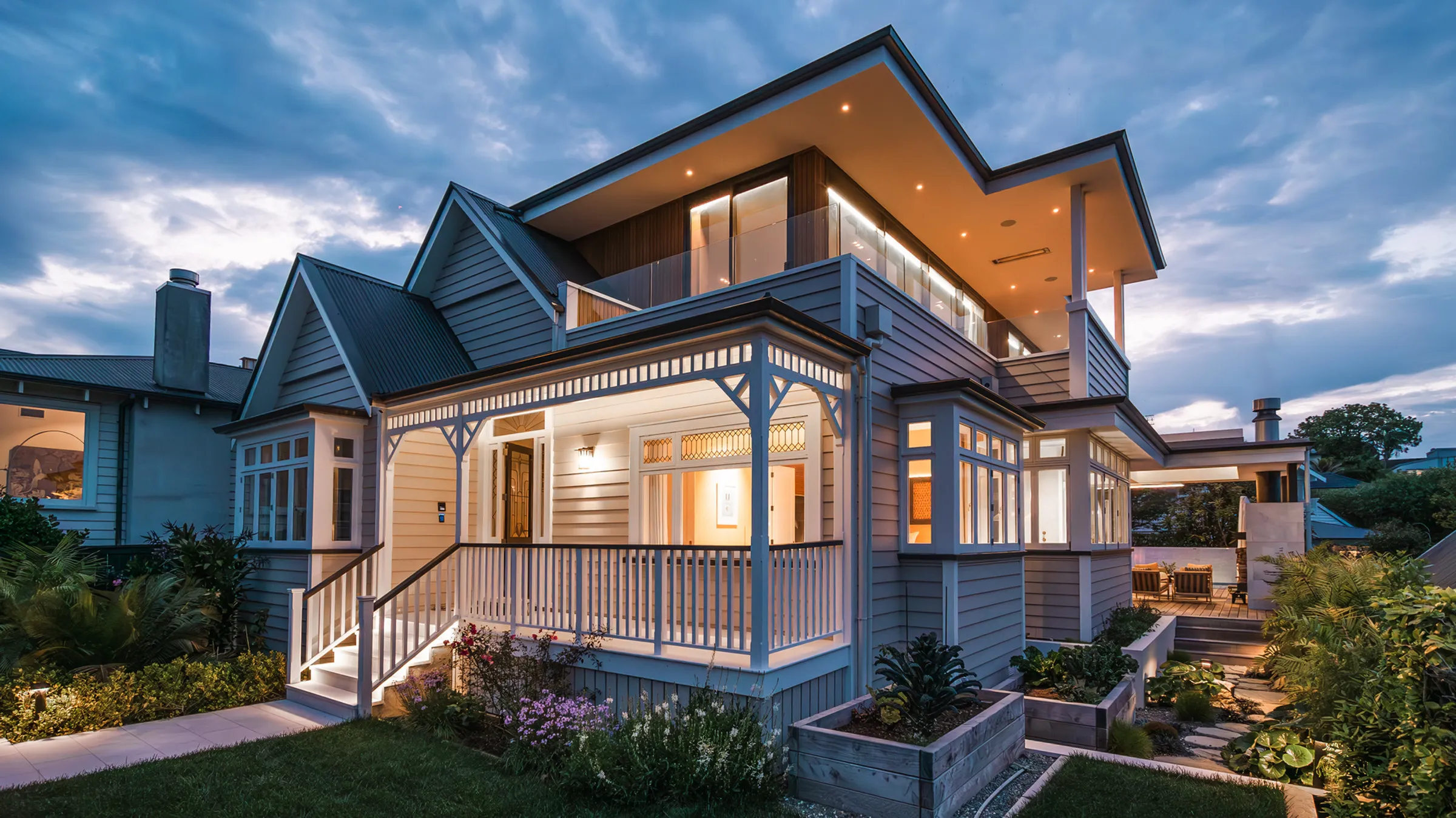 St Marys Bay villa at dusk, lit by MBE