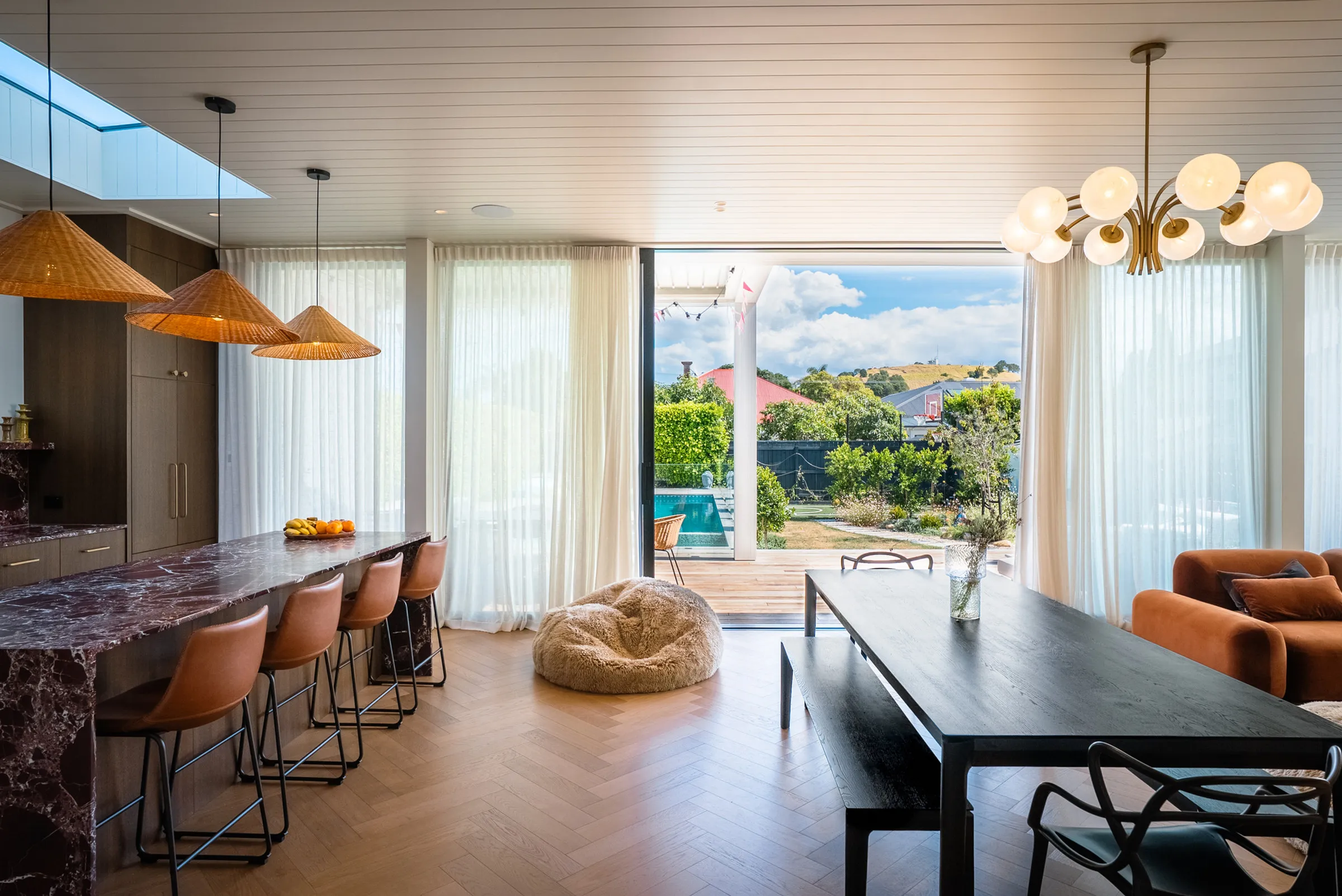 Devonport villa dining room with pendant lights