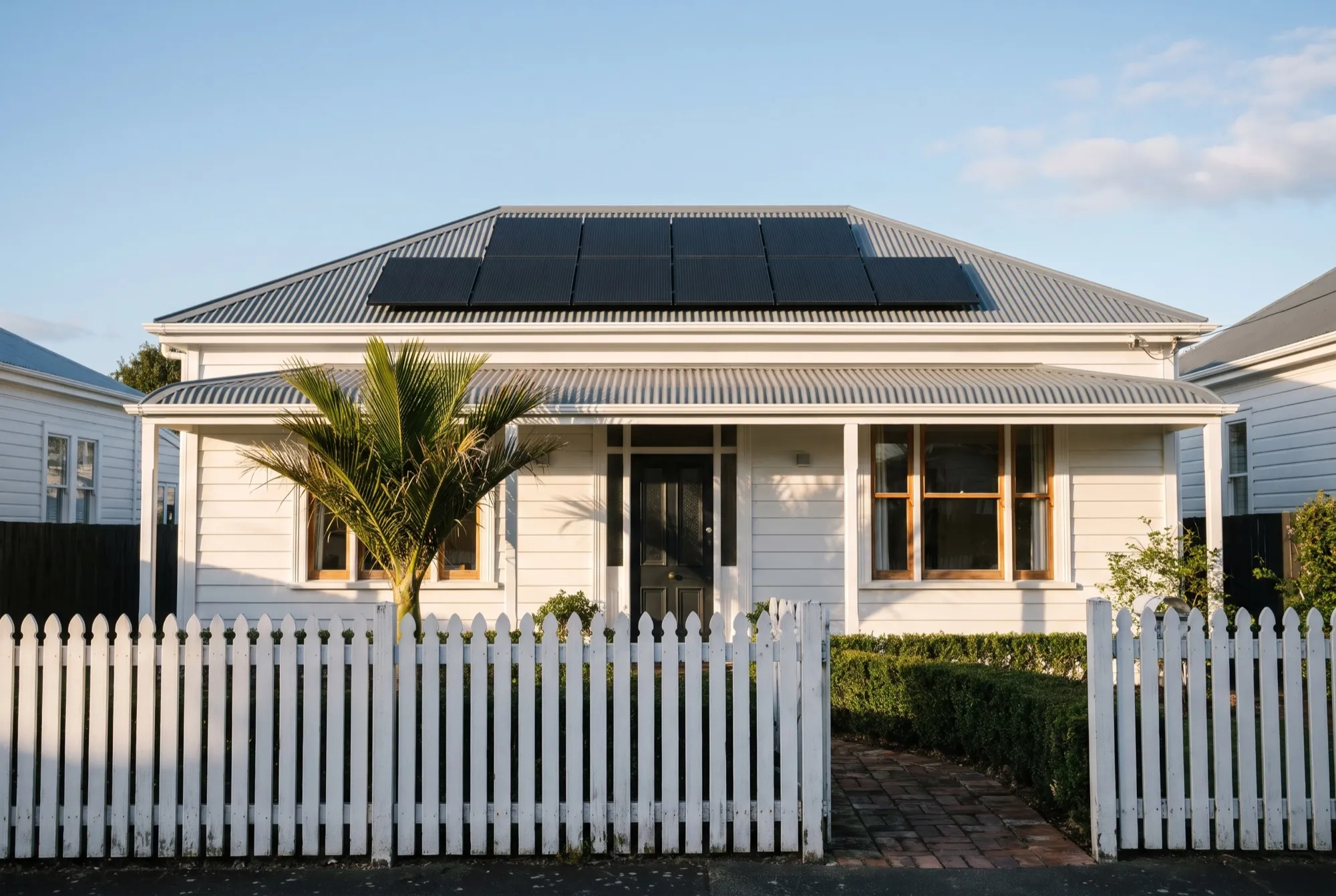 Black solar panels on the iron roof of a weatherboard villa