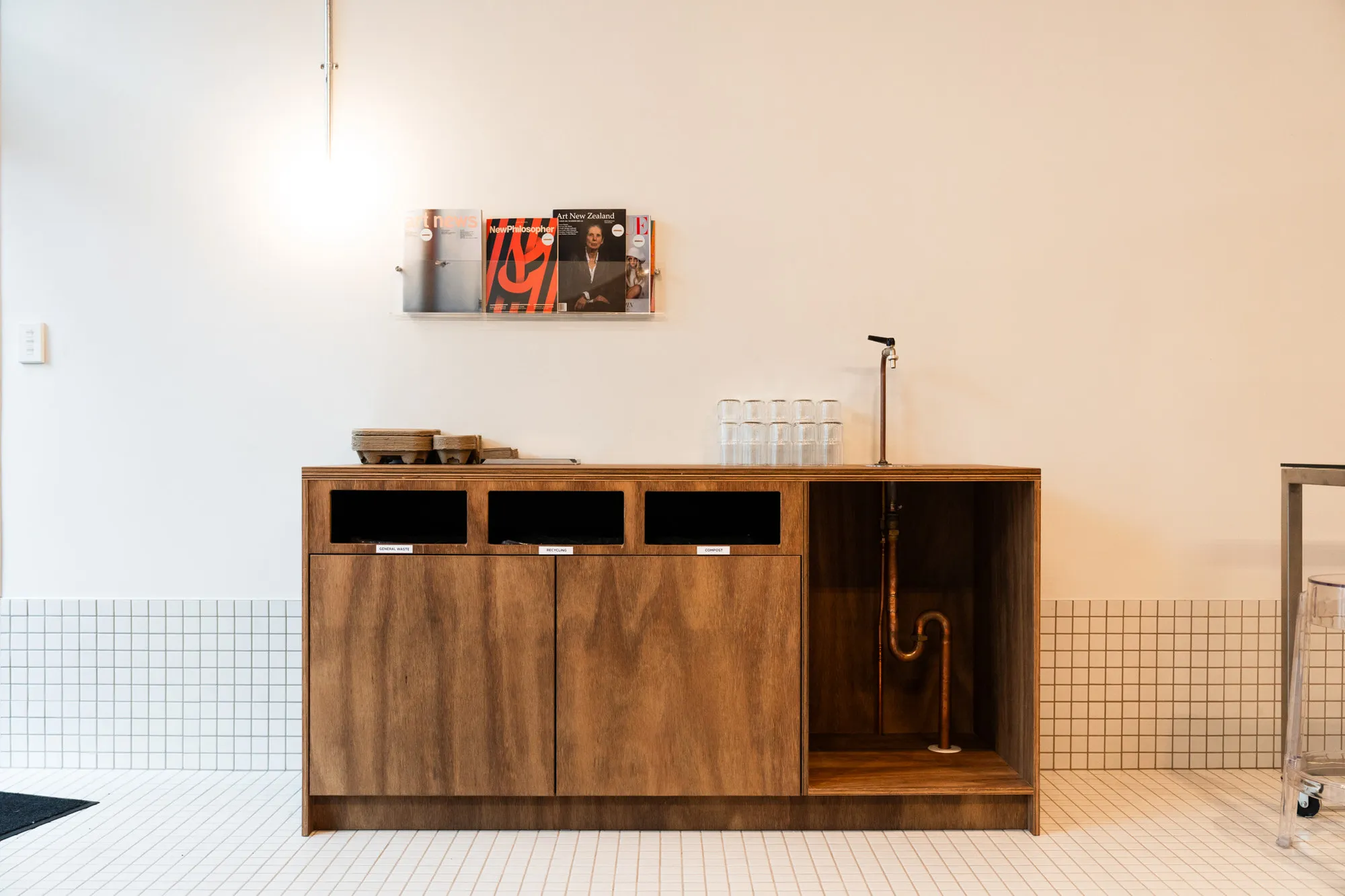 Atomic Coffee timber cabinet and copper tap